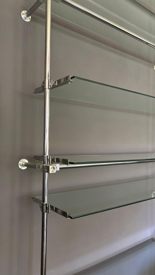 Set Of 2 Wall Shelves; Heavy Chromed With Glass Shelves