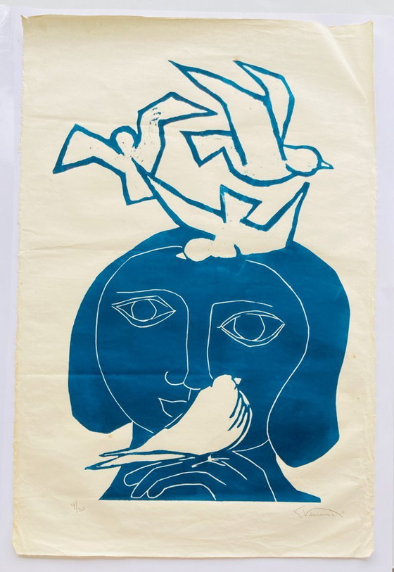 Image 1 of Libbe Venema - Linoleografia vintage - anni '70/'80 - Blu