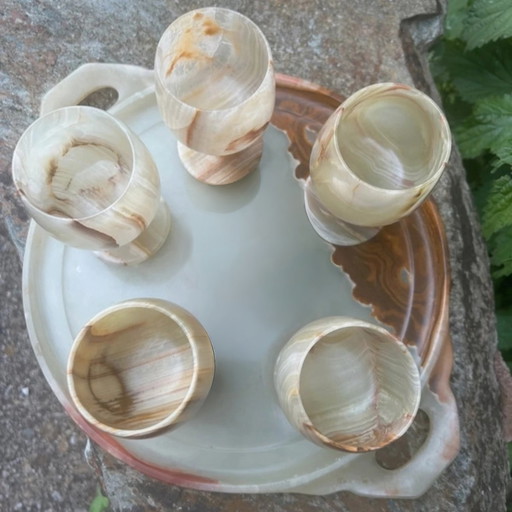 Luxury Vintage Onyx Wine Glass Set with Plateau (5 glasses) - Perfect Condition