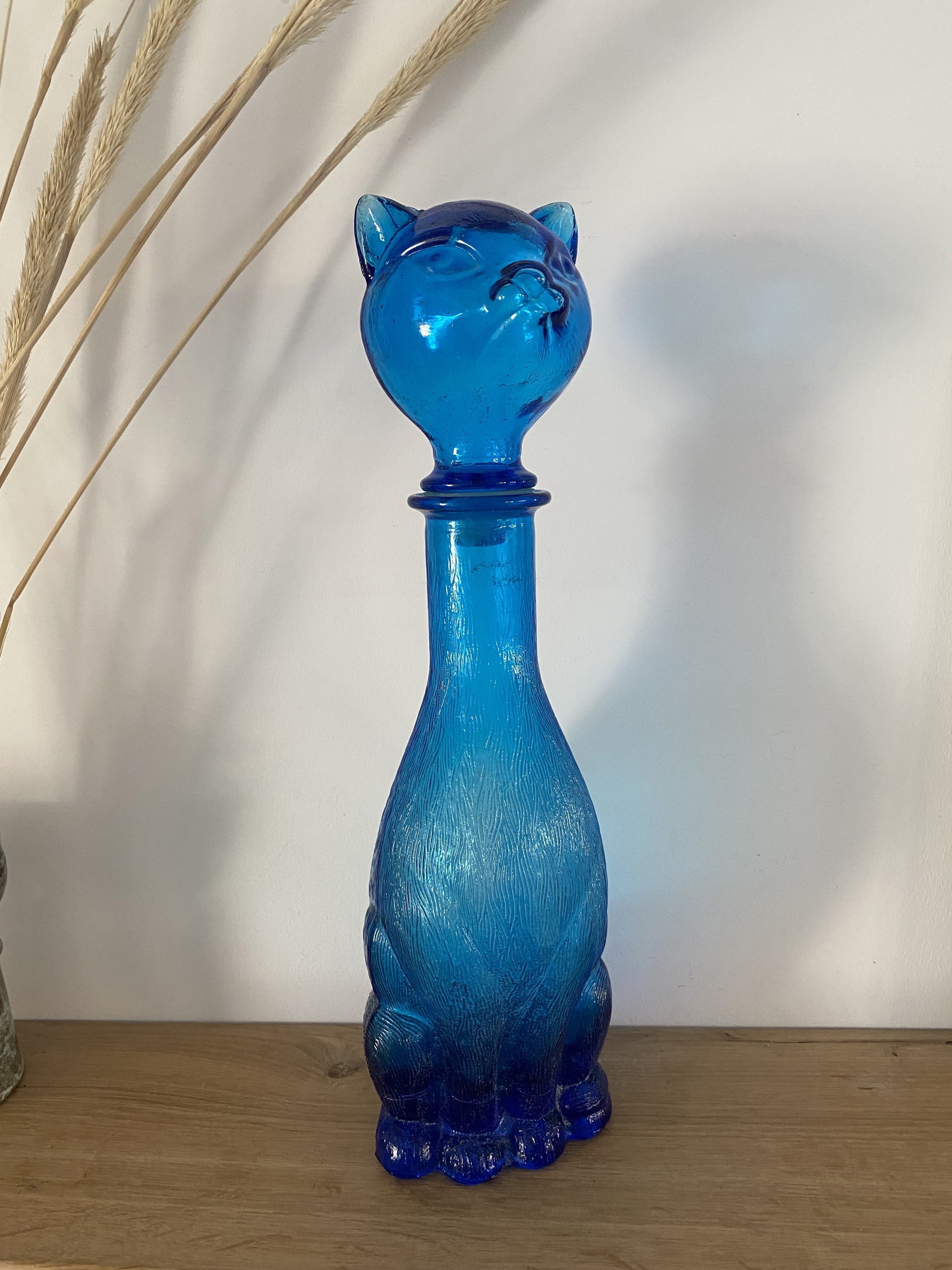 Vintage laser blue figurative cat Empoli art glass carafe/bottle