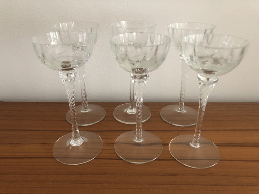 6x Vintage Murano Liqueur Glasses On Twisted Stem Transparent