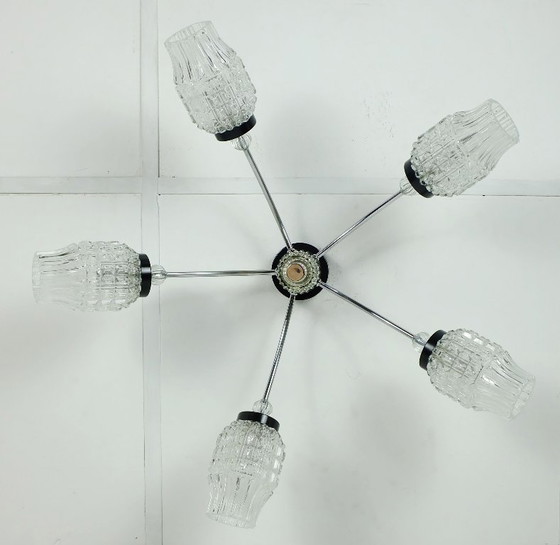 Image 1 of Plafonnier spoutnik à 5 lumières, métal chromé, verre chromé, Mid Century