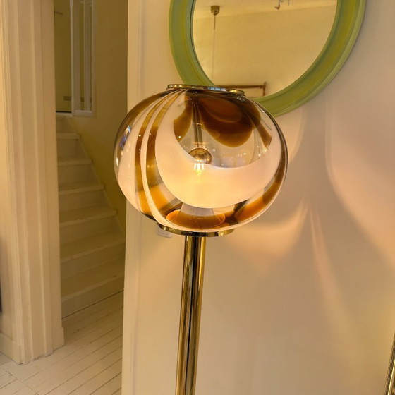 Image 1 of Italian Murano amber swirl glass globe floor lamp on brass base