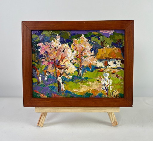 Original Oil Painting Day Village Landscape Ray of Spring Morning