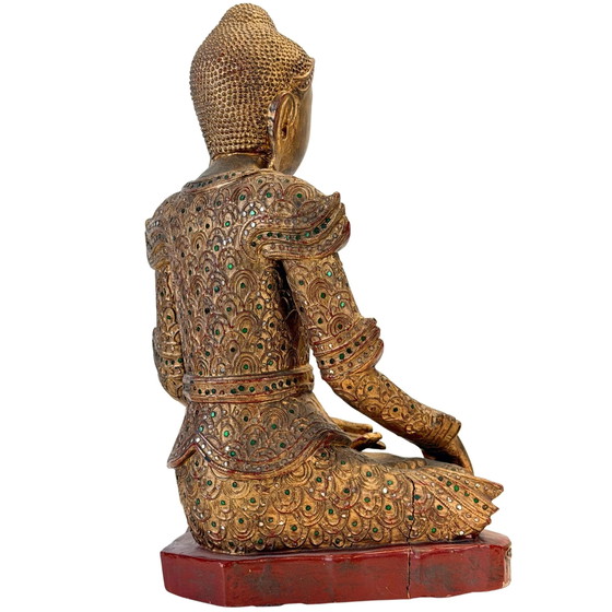 Antique Burmese Jambupati Buddha with glass mosaic, c. 1900 – Sculpture, Wood, Gold (photo 7 of 11)