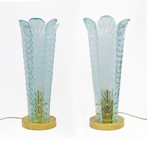 Lampes de table en laiton et verre de Murano à feuilles de palmier Mid-Century Modern