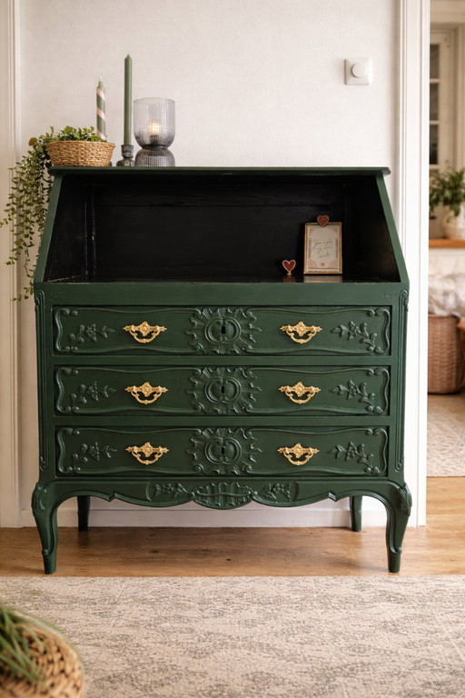 Vintage green secretary cabinet with gold fittings / desk
