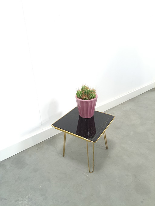 Table d'appoint avec plateau en laiton et verre noir, Table à plantes n° 23