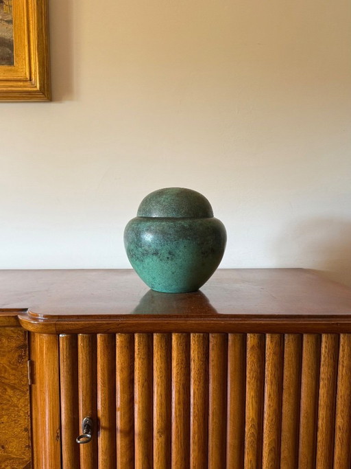 Art Deco groene vaas / potiche Ikora serie, Paul Haustein, WMF Duitsland ca. 1925