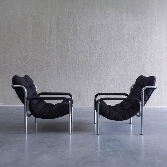 Coppia di Poltrone Tubolari Mid-Century Modern, Tessile, Nero (foto 9 di 12)