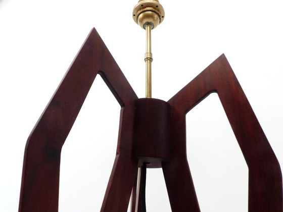 Grande Lampada Scultorea a Treppiede in Legno Tinto, Linee a Compasso – Anni 1960-70 – Lampade da tavolo (photo 6 of 10)
