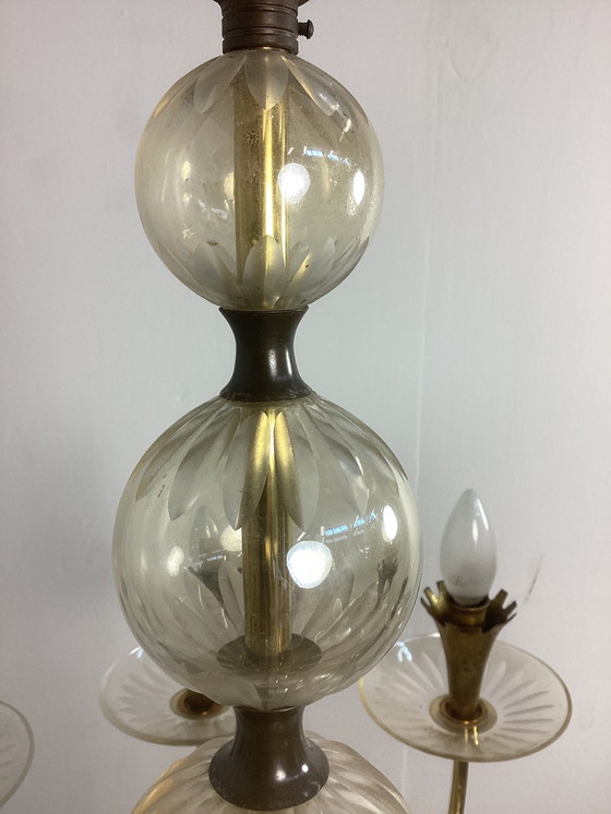Image 1 of Grande lampadario vintage Chandolier degli anni Cinquanta in vetro e rame 