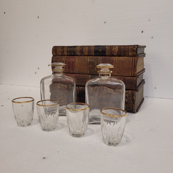 Image 1 of Decanter segreto, vetro tagliato, pelle goffrata, legno, FFS XIX - Francia