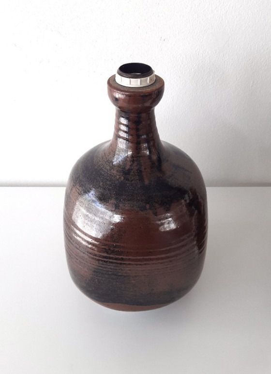 Image 1 of Sturdy dark brown ceramic Rheinfelden lamp base with new handmade lampshade of black and white graphic fabric