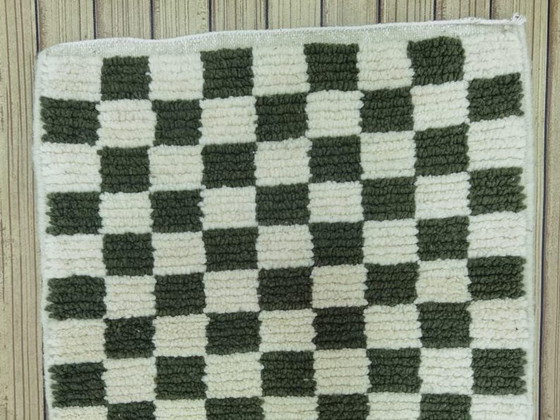 Image 1 of Handmade Moroccan wool rug: 300/70 cm abstract olive green checkered hallway runner