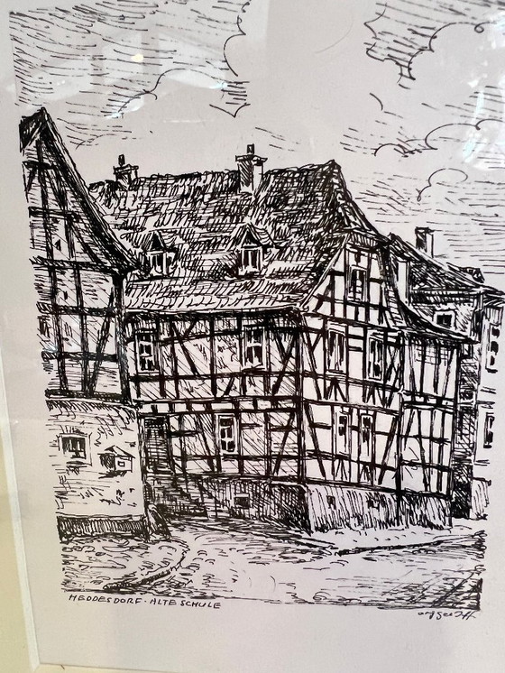 Image 1 of Oude tekening "Alte Schule Heddesdorf" | Ingelijst | Met kunstenaarsmerk & galeriestempel Neuwied