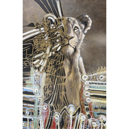 Vintage Öl auf Leinwand Löwin im Zirkus von Andre Ferrand, 1996