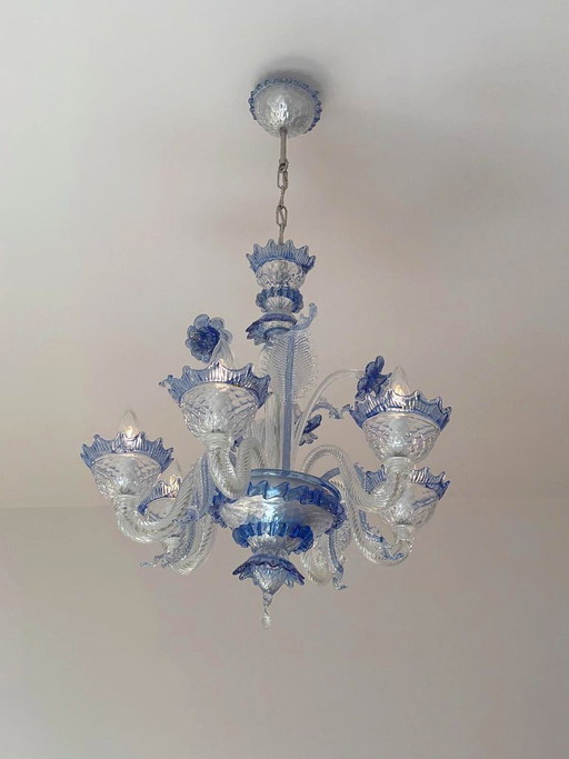 Blauwe en kristallen Murano glazen Venetiaanse Kroonluchter, 6 armen