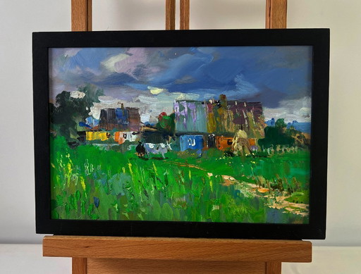 Original Oil Painting Summer Village Landscape Rural idyll with huts and cattle