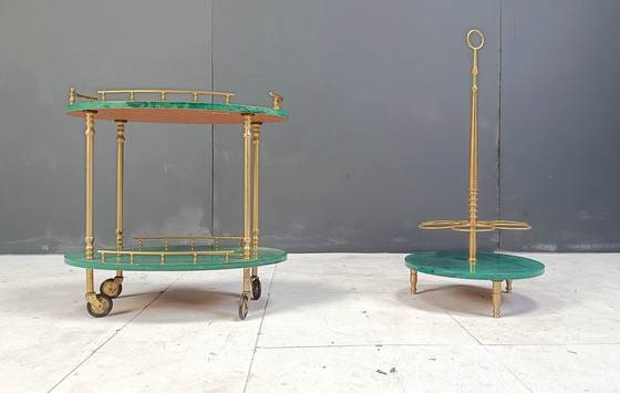 Image 1 of Carrello bar e portabottiglie in pelle di capra laccata italiana a forma di cigno di Aldo Tura, anni '60