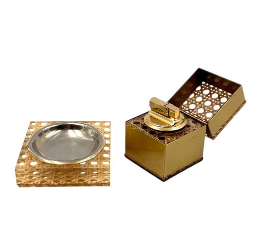 Ensemble fumeur Hollywood Regency en lucite et paille de Vienne, Dior home Italie années 70