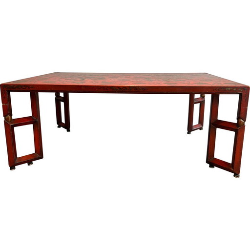Mesa de centro vintage lacada en rojo con decoración china dorada, 1970