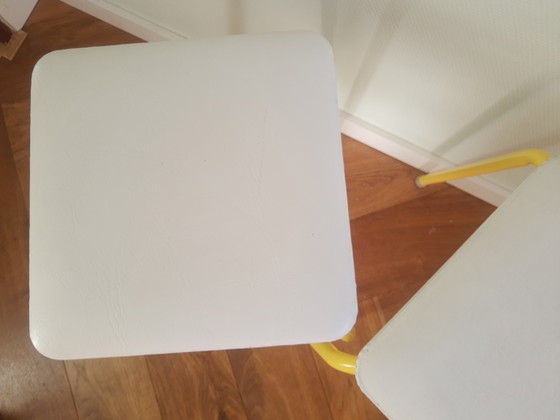 Image 1 of Set of 2 50s-60s tubular frame faux leather stools in white and yellow