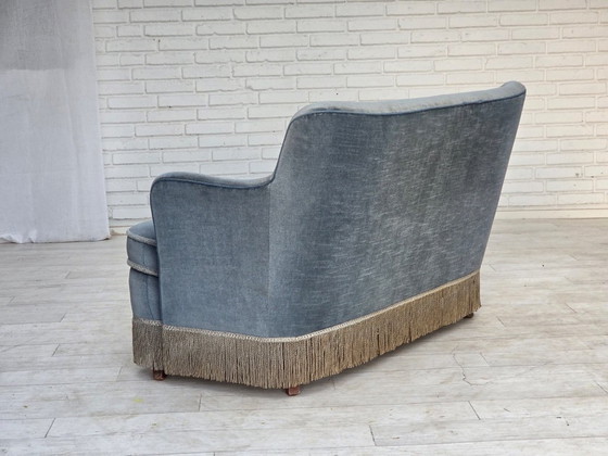 1970s, Danish 2-seater sofa, furniture velour, beech wood., 2 seaters, Velvet, Blue (photo 9 of 21)
