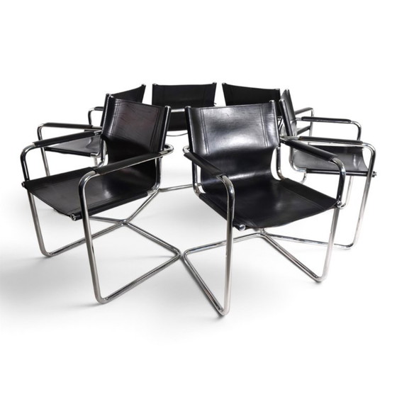 Matteo Grassi Set of 6 Visitor Chairs, Leather/Chrome Dining Chairs, 1970 (photo 3 of 20)