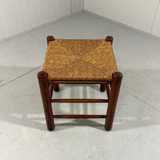 Image 1 of Taburete de roble con asiento de junco, años 50-60.