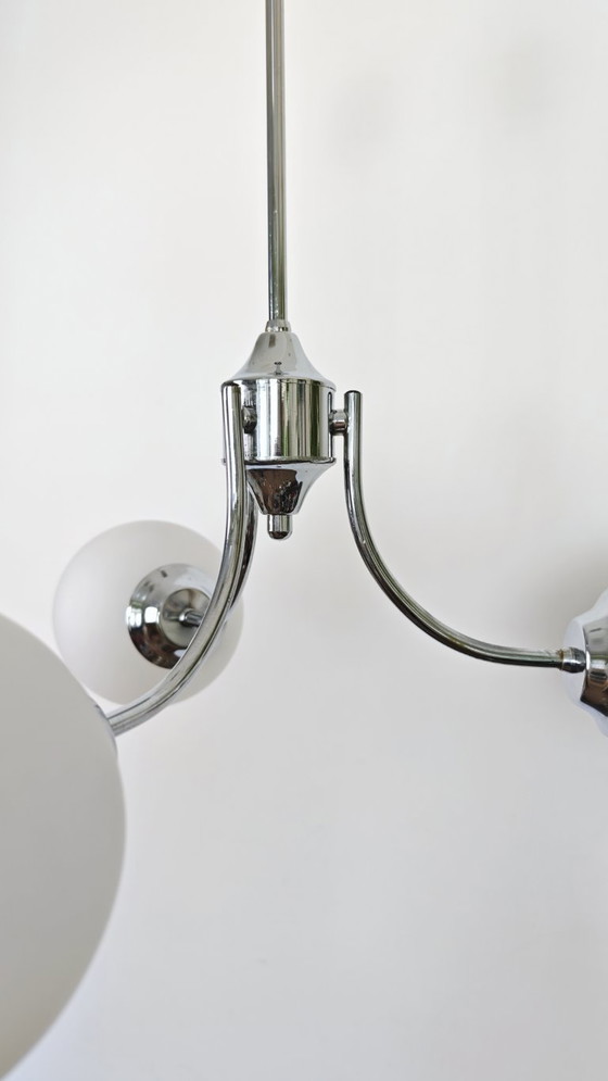 Image 1 of Vintage 3-Light Opal Glass Ceiling Lamp / Mid Century Modern Chandelier / Space Age Sputnik Light | Chrome Pendant