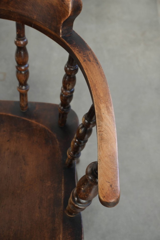 Image 1 of 4 x Antique wooden English pub/captain chairs from the late 19th century with character