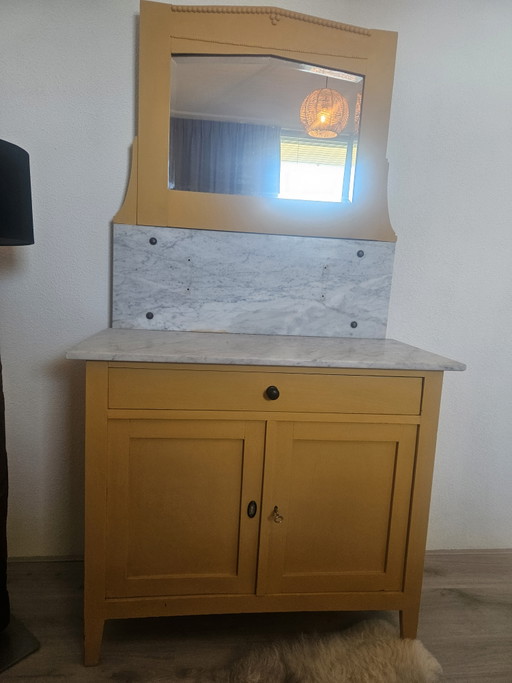 Vintage ochre yellow sideboard with marble top and mirror