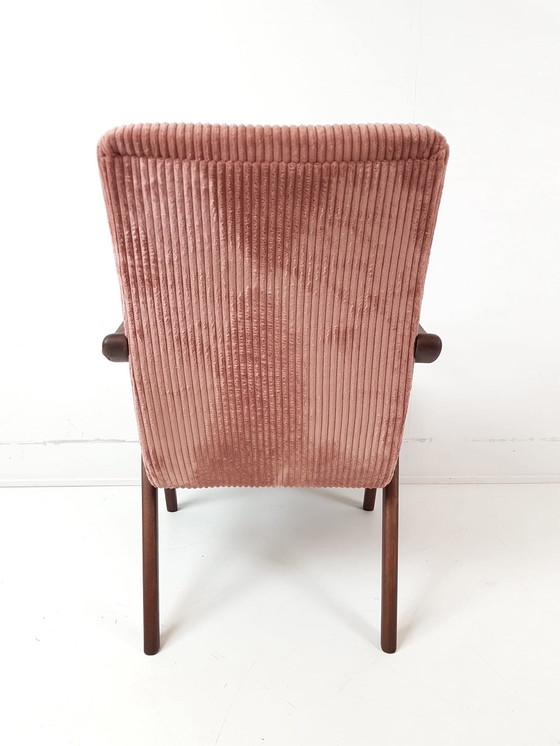 Image 1 of Vintage teak houten fauteuil | fauteuiltje roze nieuw