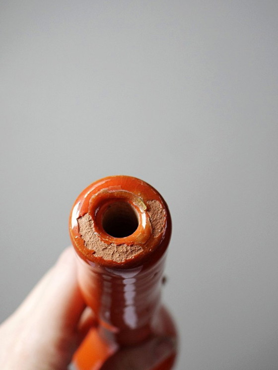 Image 1 of Pied de lampe bouteille décorative poterie émaillée orange vif mid-century