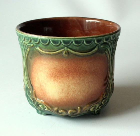 Image 1 of Zeldzaam klein keramisch bloempotje, groen/beige - gemerkt - vintage