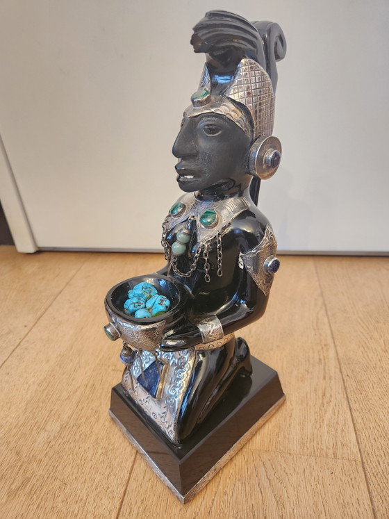 Image 1 of 2 large Mexican sculptures – Solid Obsidian & Alpaca/Silver with Turquoise inlay – 35 cm – Monumental weight: 8.8 kg!