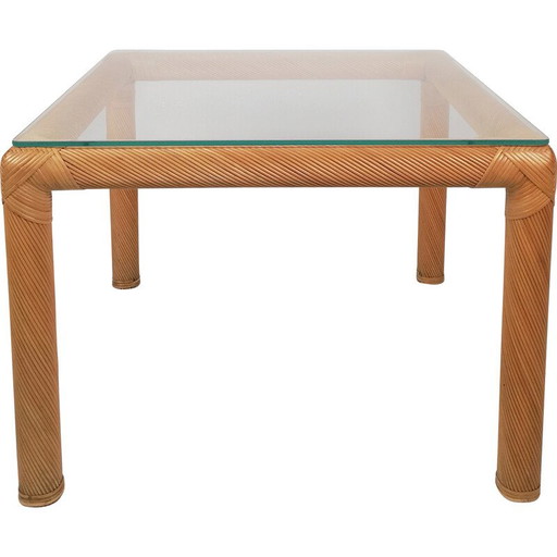 Mid Century Couchtisch aus Rattan, Schilfrohr und Glas, 1970er Jahre