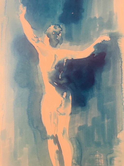 Monochroom blauw aquarel gesigneerd "Blue Lady" Dans