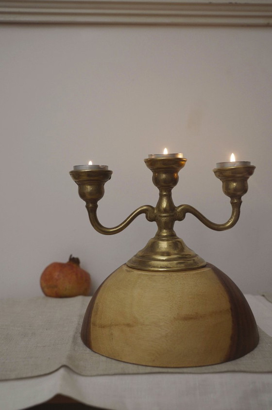 Image 1 of Solid Brass Vintage Candelabra, Bronze-Tone Three-Arm Candle Holder