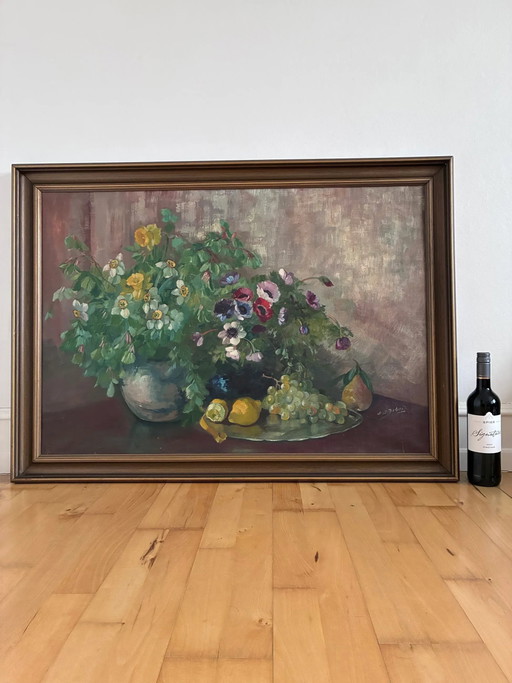 Grande nature morte florale originale vintage avec fruits