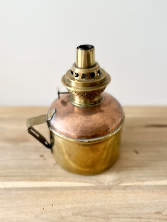 Image 1 of Antique Brass & Hammered Copper Oil Lamp · 19th Century · Hand Crafted Burner · French Oil Lamp Base · Victorian Lamp 