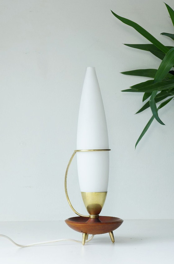 Image 1 of Vintage Philips tripod table lamp, 1960s, brass, teak, opal glass, Rocket Lamp