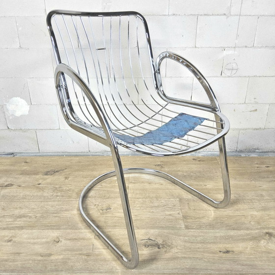 Image 1 of Vintage Gastone Rinaldi voor Rima chroom & rookglas eettafel + stoelen met kleurrijke bekleding (Itiliaans design)