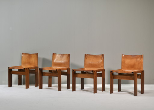 4x Monk Chairs in Cognac Leather by Afra & Tobia Scarpa for Molteni, Italy 1974