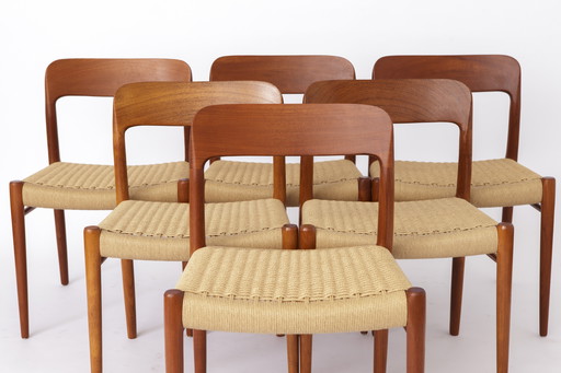 6er Set Niels Otto Moller Modell 75 Esszimmerstühle, 1950er Jahre - restauriertes Teakholz & erneuertes Geflecht