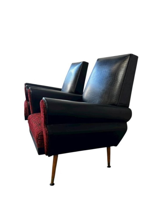 Image 1 of Set of 2 vintage black and red armchairs / seats / single seats
