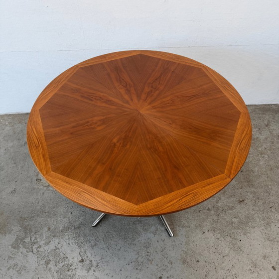Image 1 of Mid-century round dining table, teak, chrome legs – extendable | 1960s