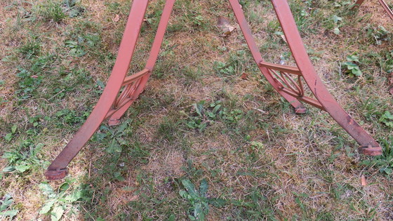 Image 1 of Mid Century Distressed Painted Iron Garden Table and 2 Chairs, 1960s