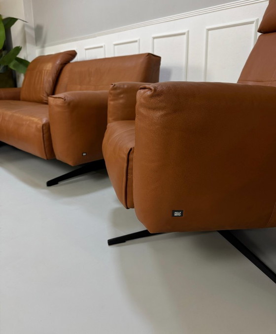 Image 1 of Canapé, fauteuil et tabouret Rolf Benz 50 en cuir marron cognac